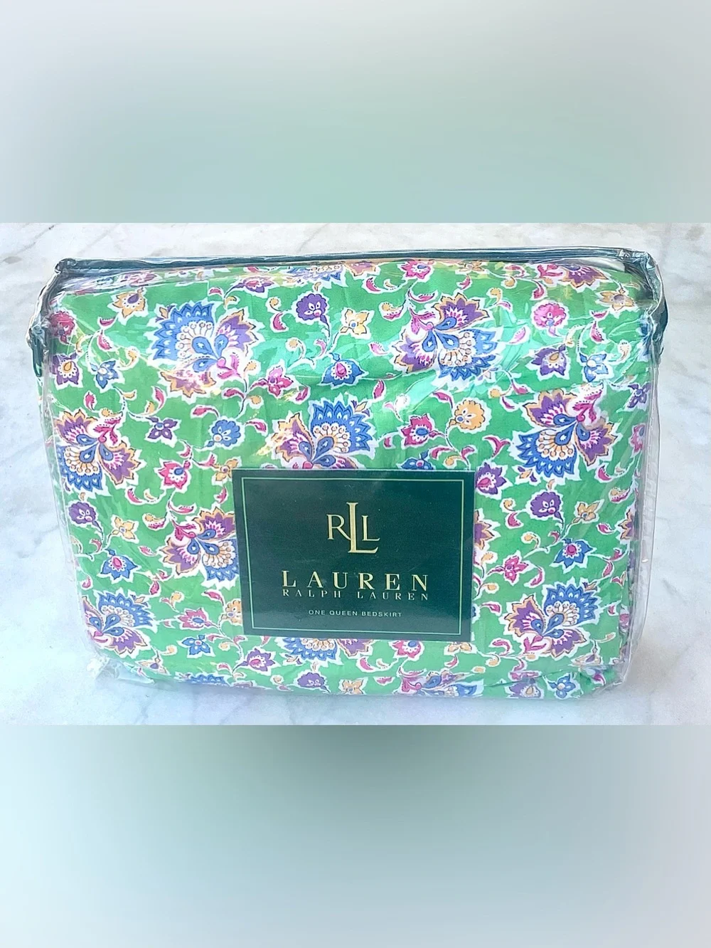 RALPH LAUREN QUEEN BEDSKIRT HAMPTON BEACH CLUB GREEN FLORAL NWT OLD STOCK VINTAG